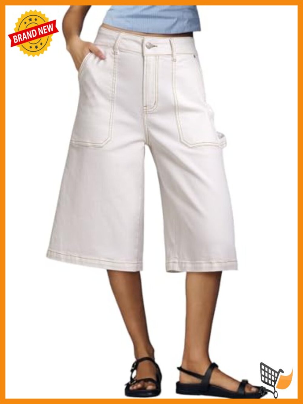 High Waisted Stretch Wide Leg Cargo Denim Shorts Below Knee with Pockets